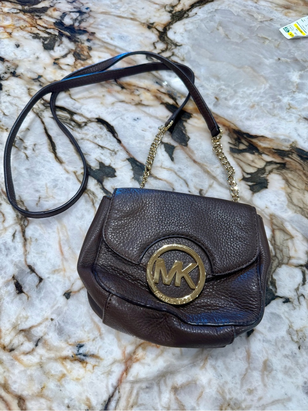 Michael Kors Dark Brown Pebbled Leather Crossbody with Gold MK Logo